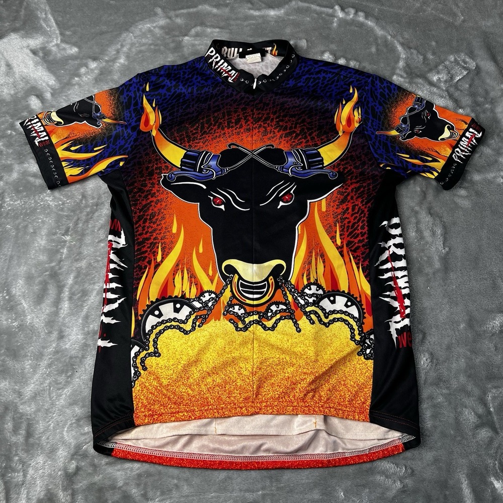 Primal Wear Jersey Men Size Large Bull Shift Black Flames 3/4 Zip Cycling